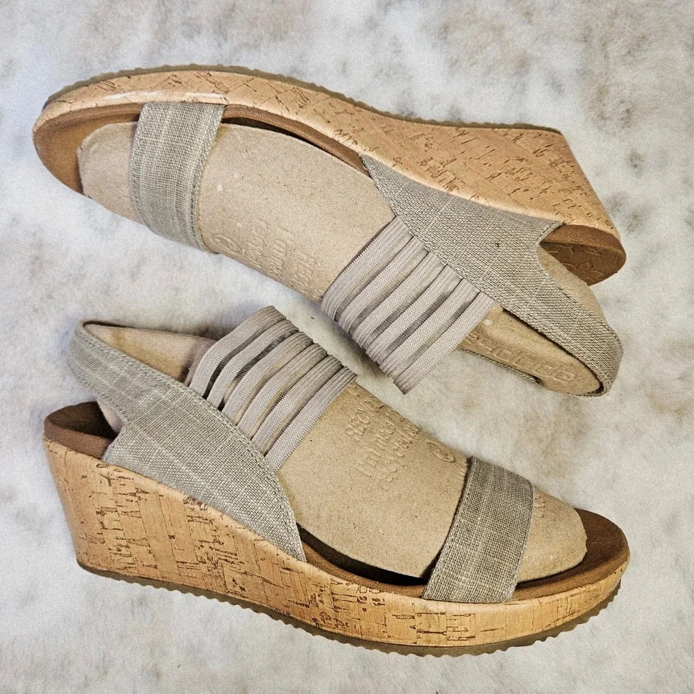 Skechers Womens Taupe Beverly High Tea Wedge‎ Sandals Heels 9 Boho Cottagecore